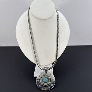 Whiting & Davis Silvertone Pendant with Faux Turquoise on 24 Inch Link Chain
